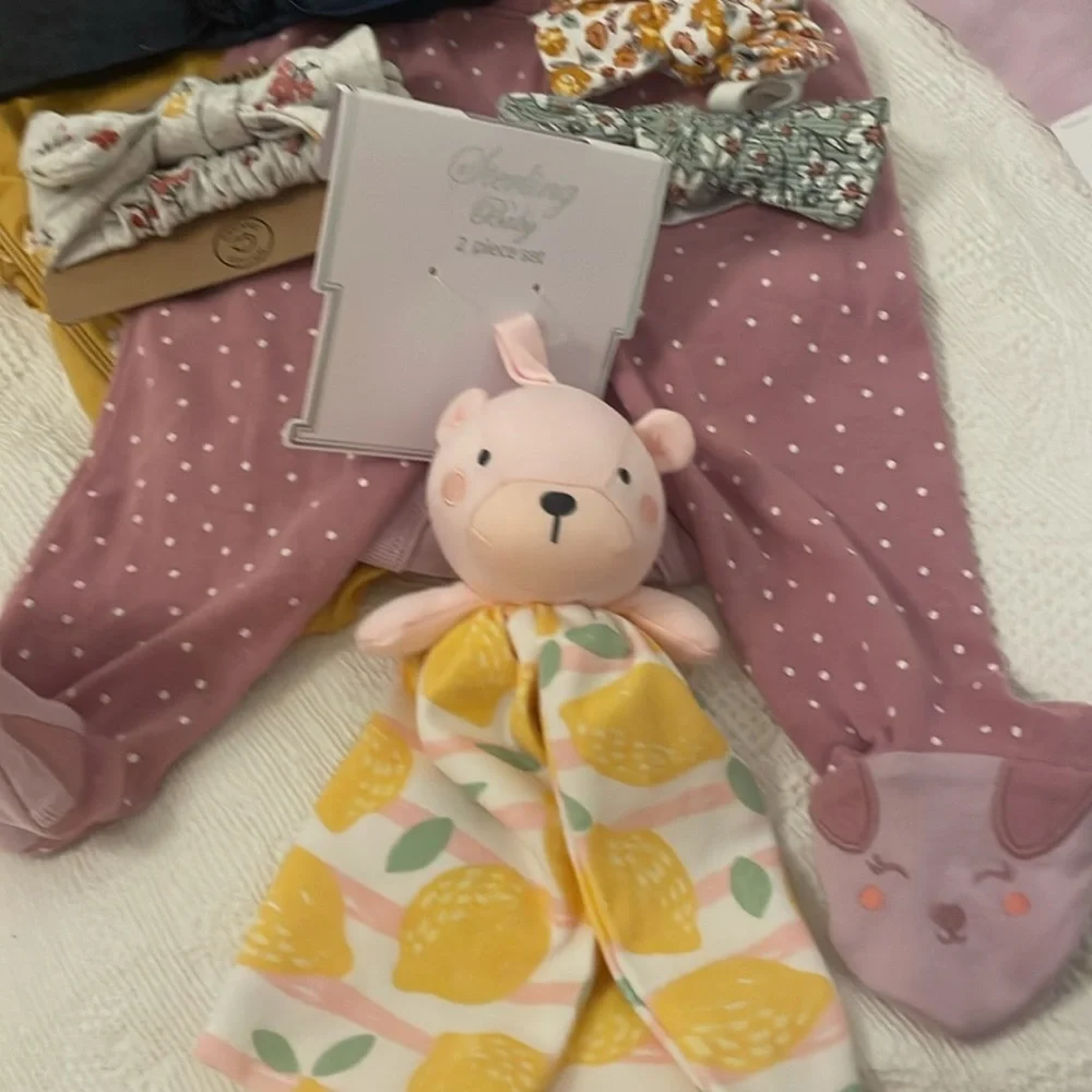 NEW Baby Bundle - (11) headbands and (2) onesies and (1) bear lovey